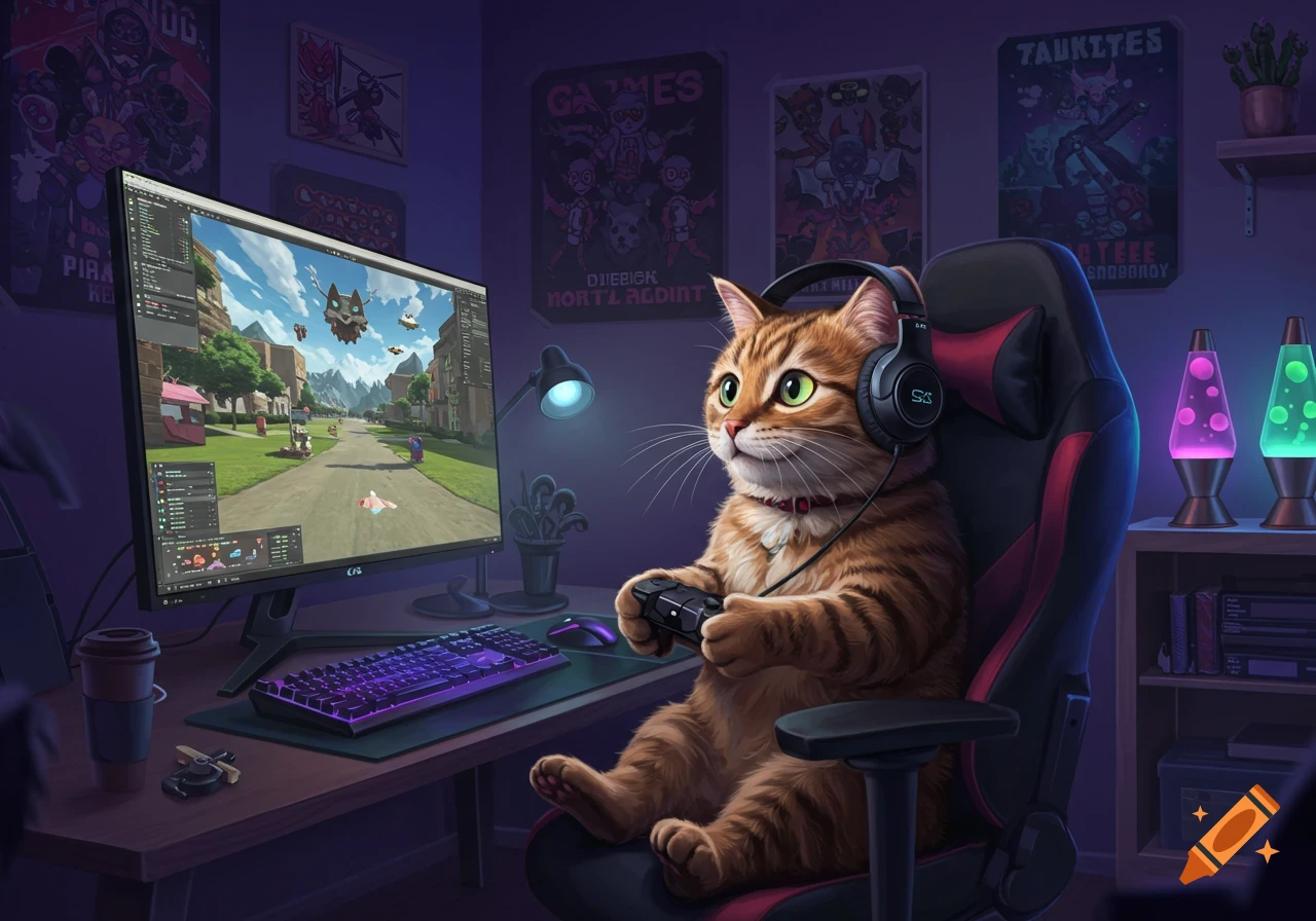 An orange tabby cat wearing headphones and holding a controller, intensely focused on playing a video game on a large monitor in a dimly lit room.