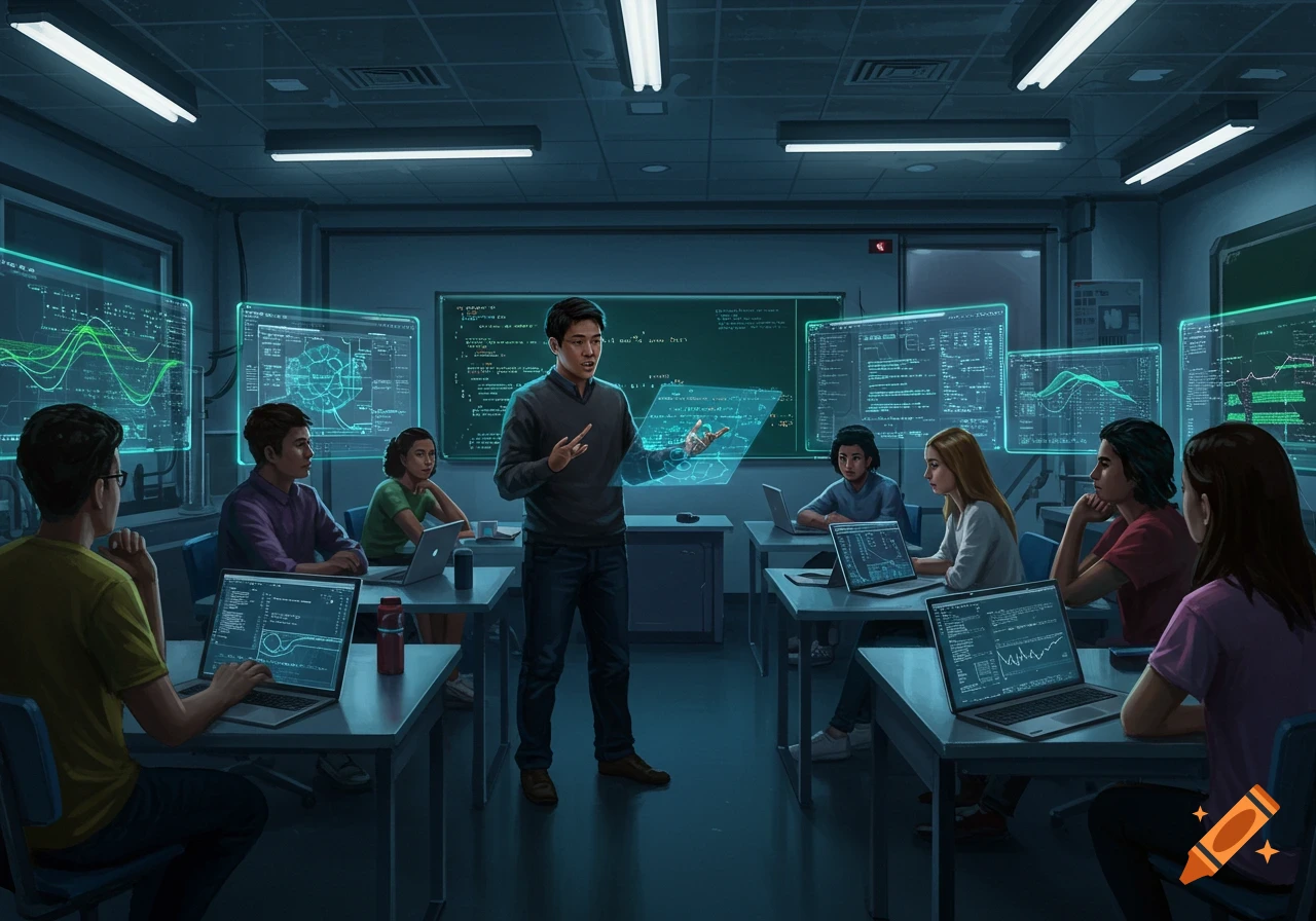An Asian teacher stands in a dark, futuristic computer science classroom, holding a holographic display, surrounded by students working on laptops with glowing screens displaying data and code.
