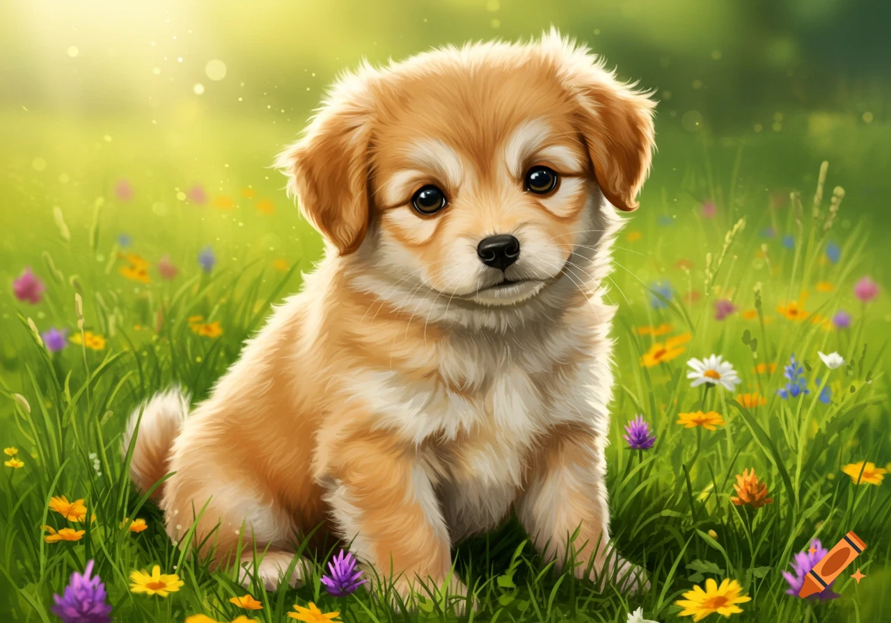 A cute fluffy light brown puppy sitting in a vibrant green field with colorful wildflowers.