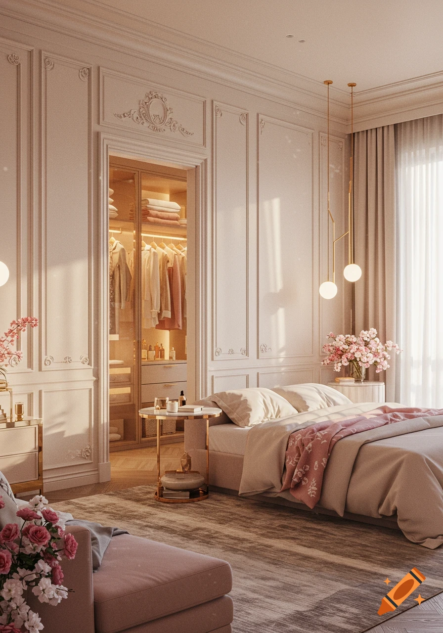 A luxurious, photorealistic bedroom featuring a large bed with a pink throw, gold accents, ornate wall paneling, and a visible walk-in closet.