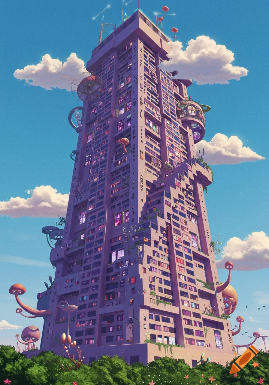 A towering, blocky purple skyscraper with glowing windows, adorned with strange organic structures and large mushroom-like plants, against a bright blue sky with fluffy white clouds.