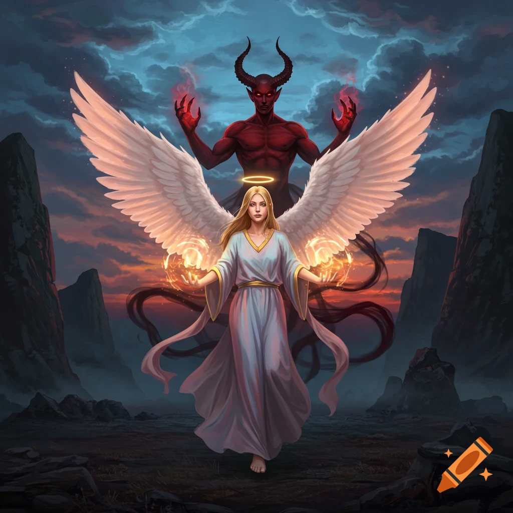 An angel in a white gown with glowing orbs stands before a red-skinned demon with horns and fiery hands, set against a dramatic, stormy sunset.