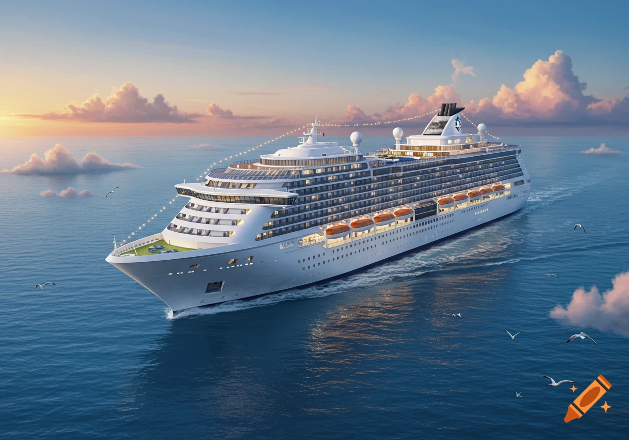 A photorealistic white cruise ship sails on a calm blue ocean under a partly cloudy sunset sky.