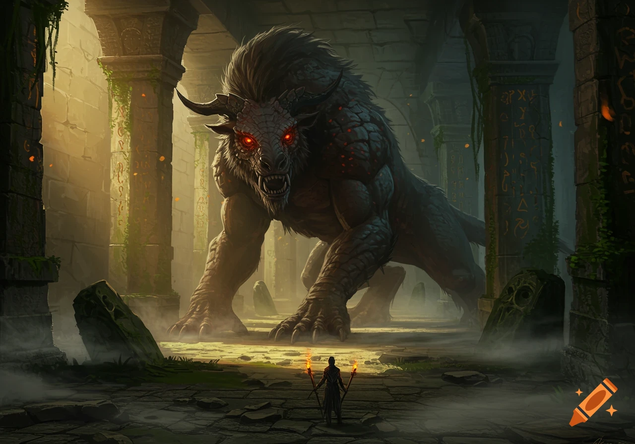 Large, horned beast with glowing red eyes confronts a small figure holding torches in a dark, overgrown stone labyrinth. Fantasy art.