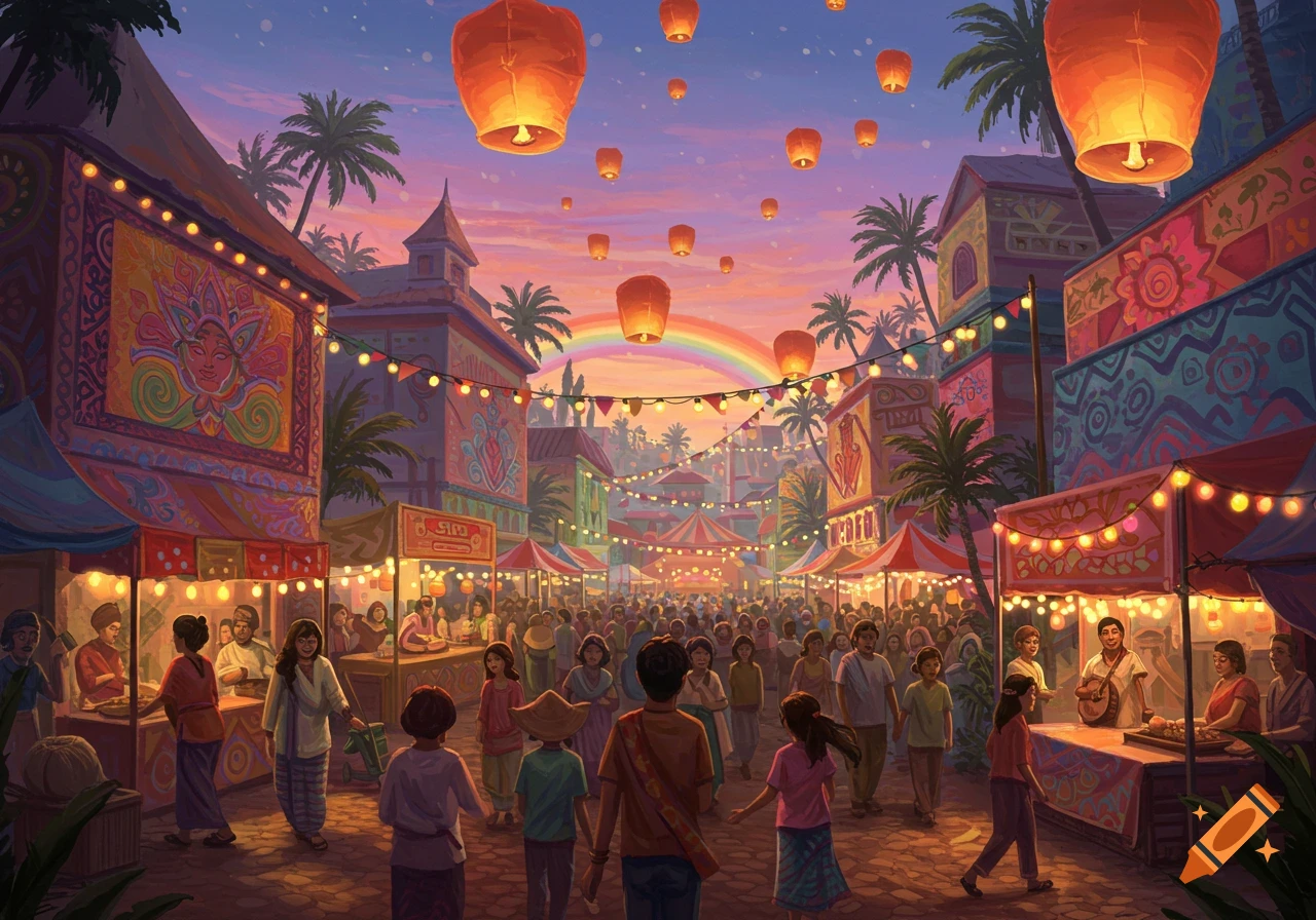A vibrant festival street scene at dusk with many people, colorful stalls, lanterns floating in the sky, and a rainbow.