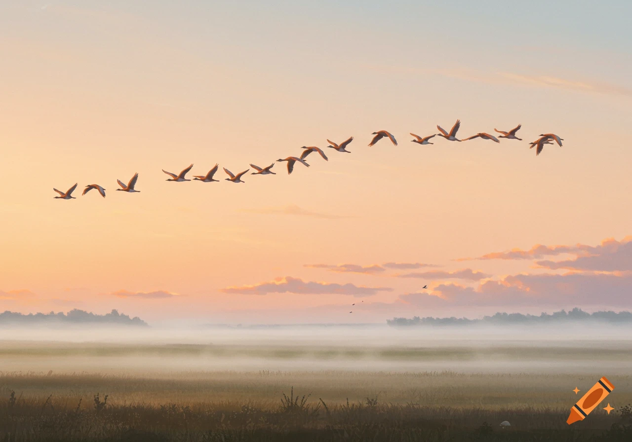 A flock of birds flying in a V-formation over a misty field at sunset.