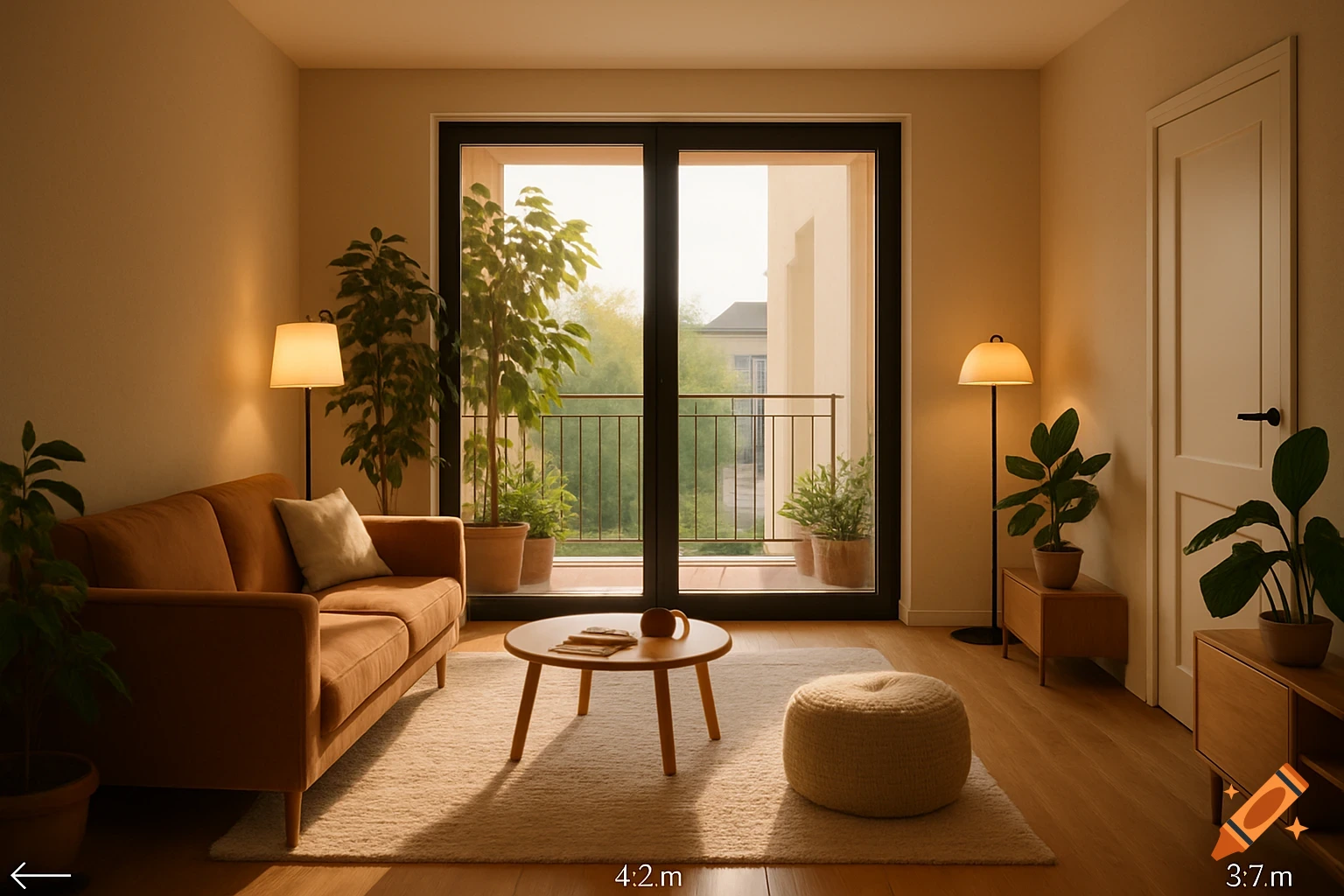 A warm, sunlit modern living room featuring a brown sofa, a round coffee table, potted plants, and a balcony door.