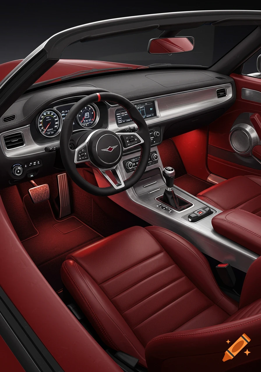 Detailed interior of a modern street rod featuring red leather seats and polished aluminum accents on the dashboard and console.