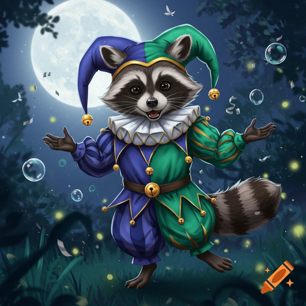 A cute raccoon jester in a blue and green costume with bells stands under a full moon in a magical forest with bubbles. Illustration.