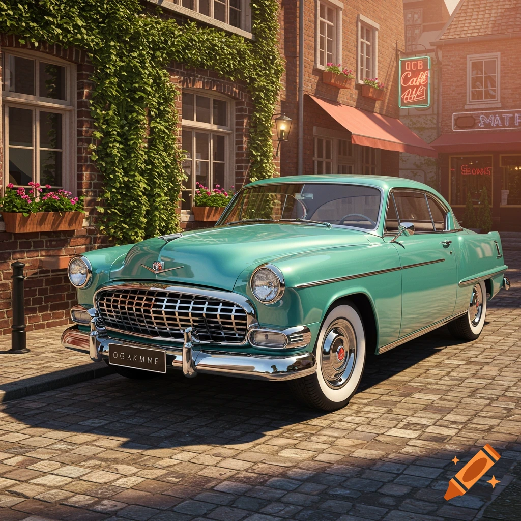A classic teal vintage car with whitewall tires parked on a cobblestone street in front of brick buildings with ivy and shop signs.