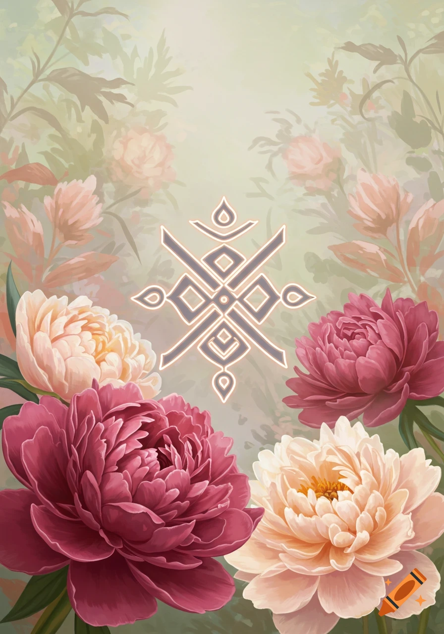 A stylized Zibu symbol with a light outline is centered among lush pink and cream peonies, set against a soft, painterly botanical background.