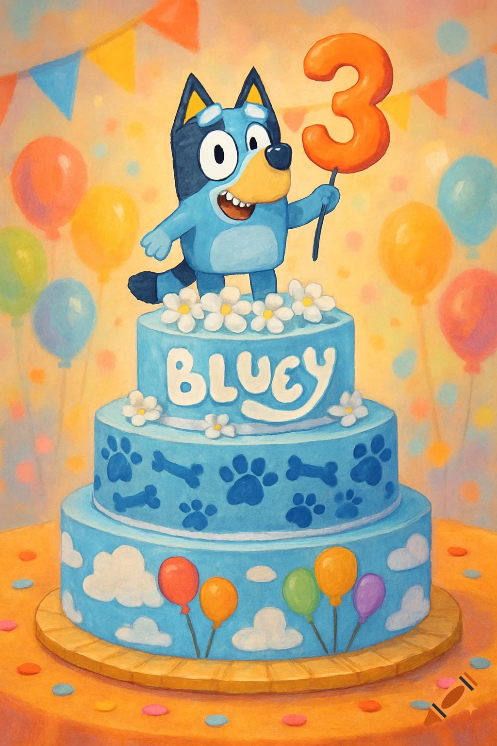 Vibrant painting of Bluey holding a number 3 balloon on a blue birthday cake decorated with 'BLUEY', paw prints, and balloons.