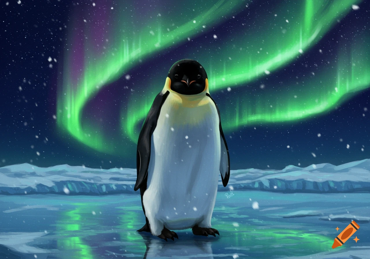 Illustrated penguin standing on ice under a vibrant green and purple aurora borealis with falling snow.