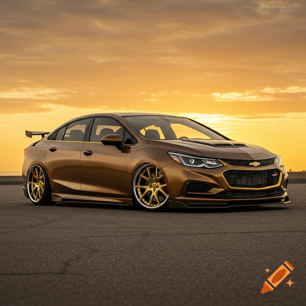 A gold modified Chevrolet Cruze with shiny gold wheels, lowered suspension, bodykit, and a rear spoiler, parked on asphalt at sunset.