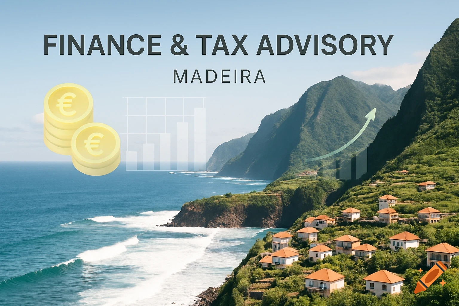 Coastal landscape of Madeira with green mountains, houses, ocean, financial charts, euro coins, and text 'FINANCE & TAX ADVISORY MADEIRA'.