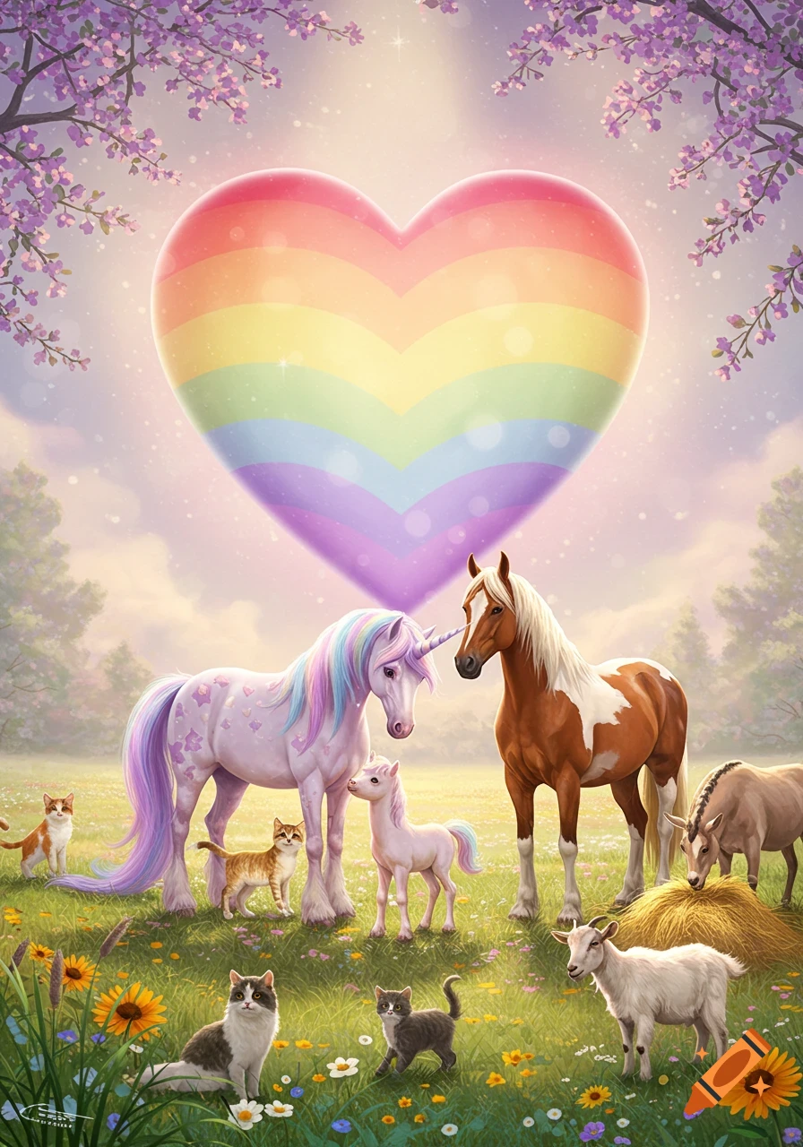 A vibrant rainbow heart floats over a magical field with a mother and baby unicorn, horses, cats, and a goat under blossoming trees.