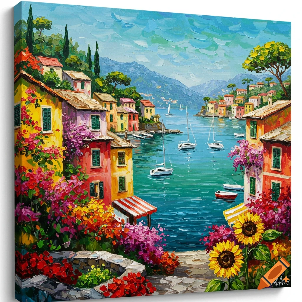 Vibrant impasto painting of a colorful Mediterranean coastal town with houses, blooming flowers, and sailboats in a turquoise harbor.