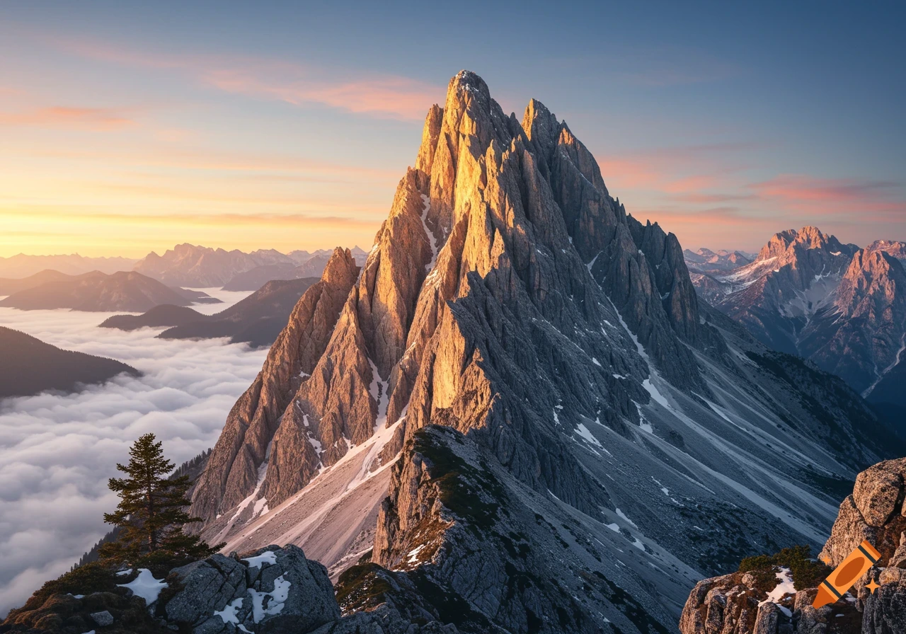 Jagged mountain peak glowing golden at sunrise, overlooking a sea of clouds in valleys below, with a pine tree. Photorealistic.