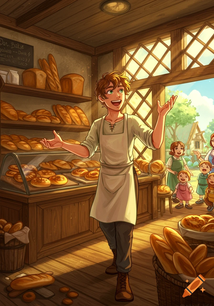 A young baker with brown hair and a white apron stands in a rustic bakery, welcoming smiling children outside, in an animated style.