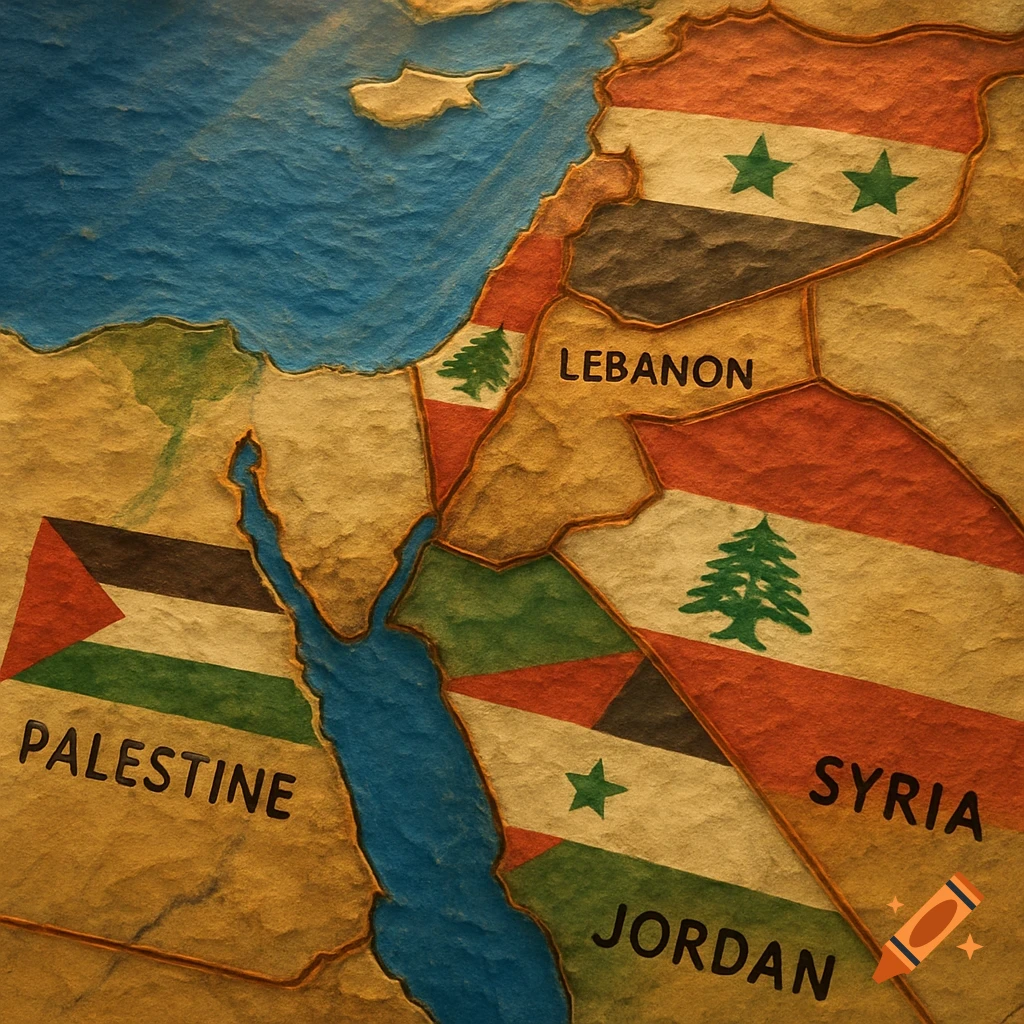 A stylized, textured map of the Middle East, depicting Lebanon, Palestine, Syria, and Jordan with their respective flags covering their territories.
