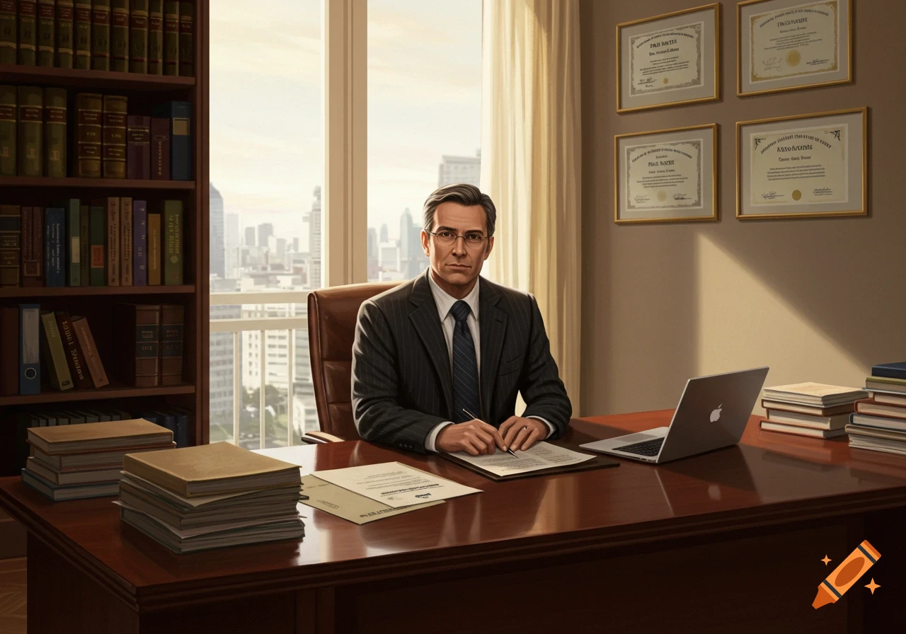 A man in a suit and glasses sits at a large wooden desk in an office with a city view, writing on a document. Bookshelves and framed certificates line the walls.