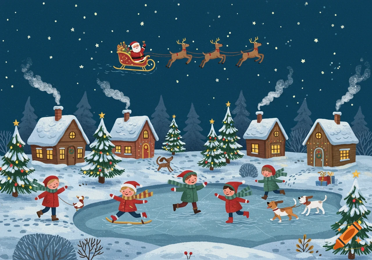 Cartoon Christmas scene with Santa's sleigh flying over a snowy village where children ice skate and dogs play.