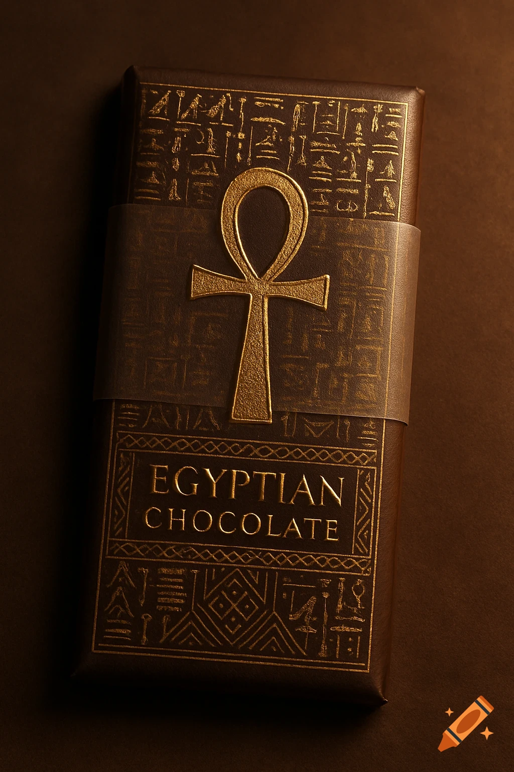 A dark chocolate bar with gold Egyptian hieroglyphs, an Ankh symbol, and 'EGYPTIAN CHOCOLATE' printed on its packaging.