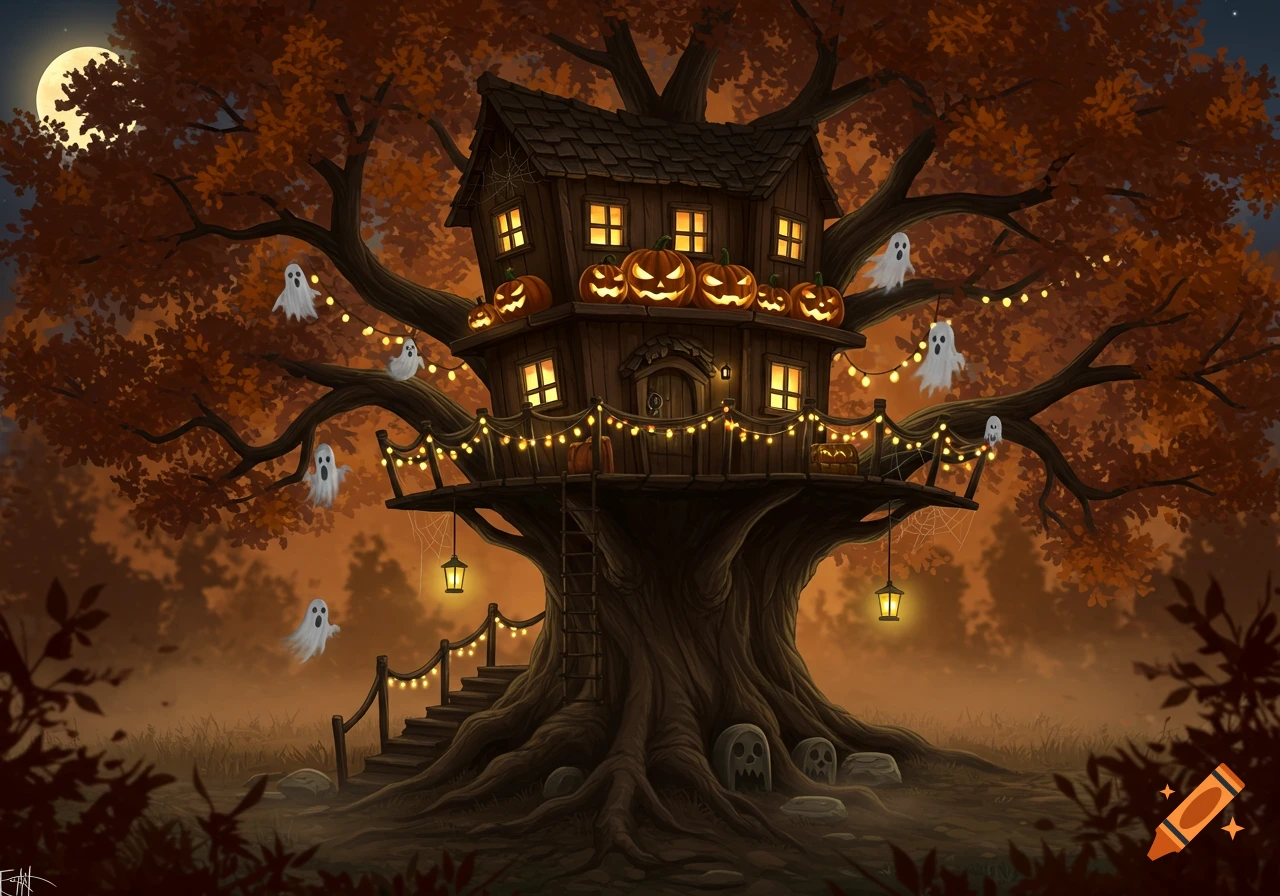 A whimsical treehouse adorned with jack-o'-lanterns, string lights, and ghosts, set against an autumn night sky with a full moon.