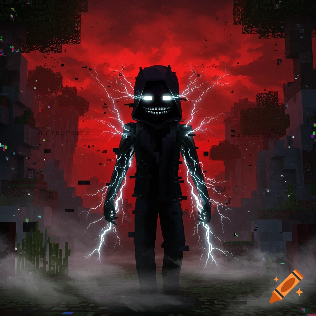 A blocky, dark, hooded figure with glowing white eyes and a wide, sharp-toothed smile, surrounded by white lightning in a red-skied, pixelated Minecraft-like world.