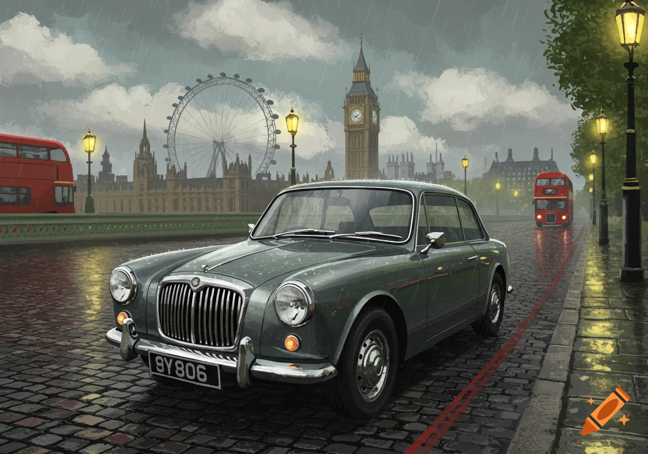 A classic grey car parked on a cobblestone street in rainy London, with Big Ben and the London Eye in the background. Illustration.