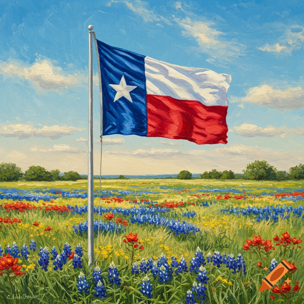 A vibrant painting of the Texas flag waving over a field filled with bluebonnets, red, and yellow wildflowers under a blue sky.