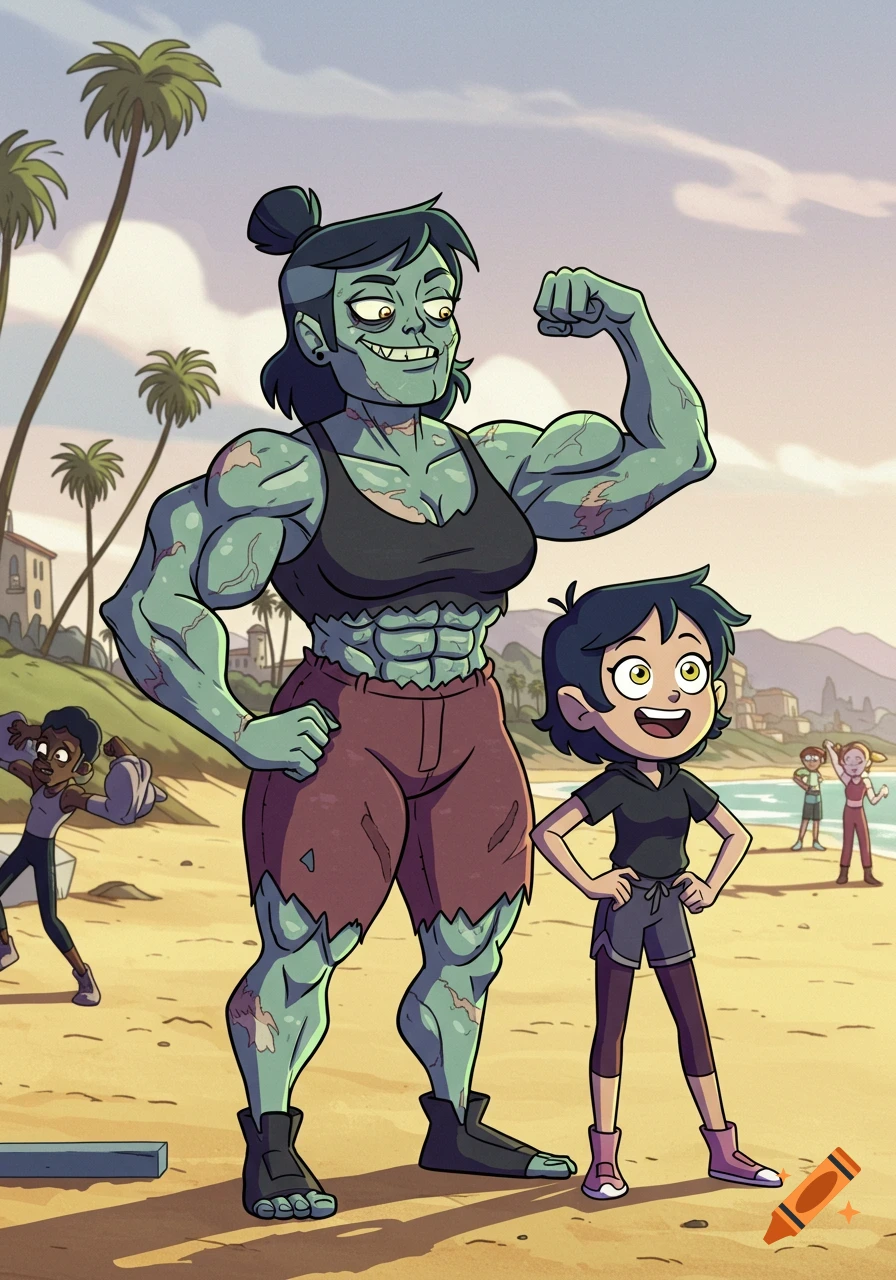 A muscular, green-skinned zombified woman flexing next to a smiling girl on a cartoon beach with palm trees.