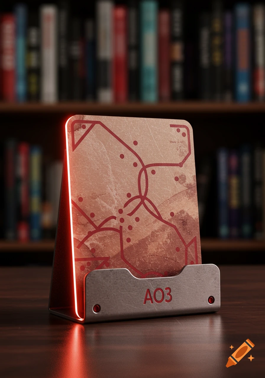 A metallic photocard holder with red glowing edges holds a patterned card on a wooden desk in front of a blurred bookshelf. 'AO3' is on the holder.