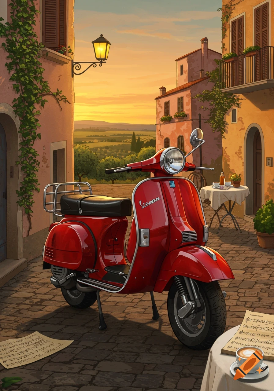 A vibrant red Vespa scooter is parked on a cobbled street in a picturesque Italian village at sunset. Old buildings with balconies and climbing ivy line the street, with rolling hills in the background. Musical notes and papers lie on a nearby table and on the ground.