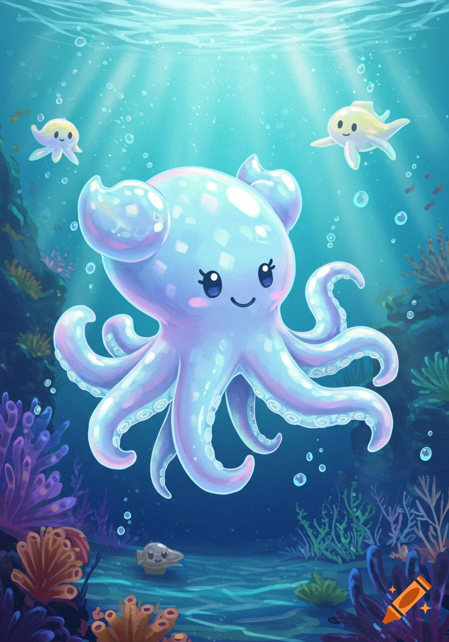Cute cartoon light blue and purple octopus smiling underwater with colorful coral and small sea creatures, sunlight filtering from above.