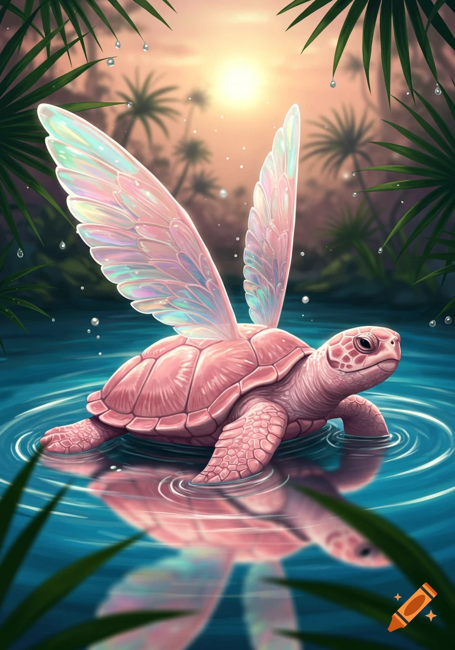 A pink turtle with iridescent wings stands in clear blue water, surrounded by tropical foliage under a sunset sky, in an illustrative style.