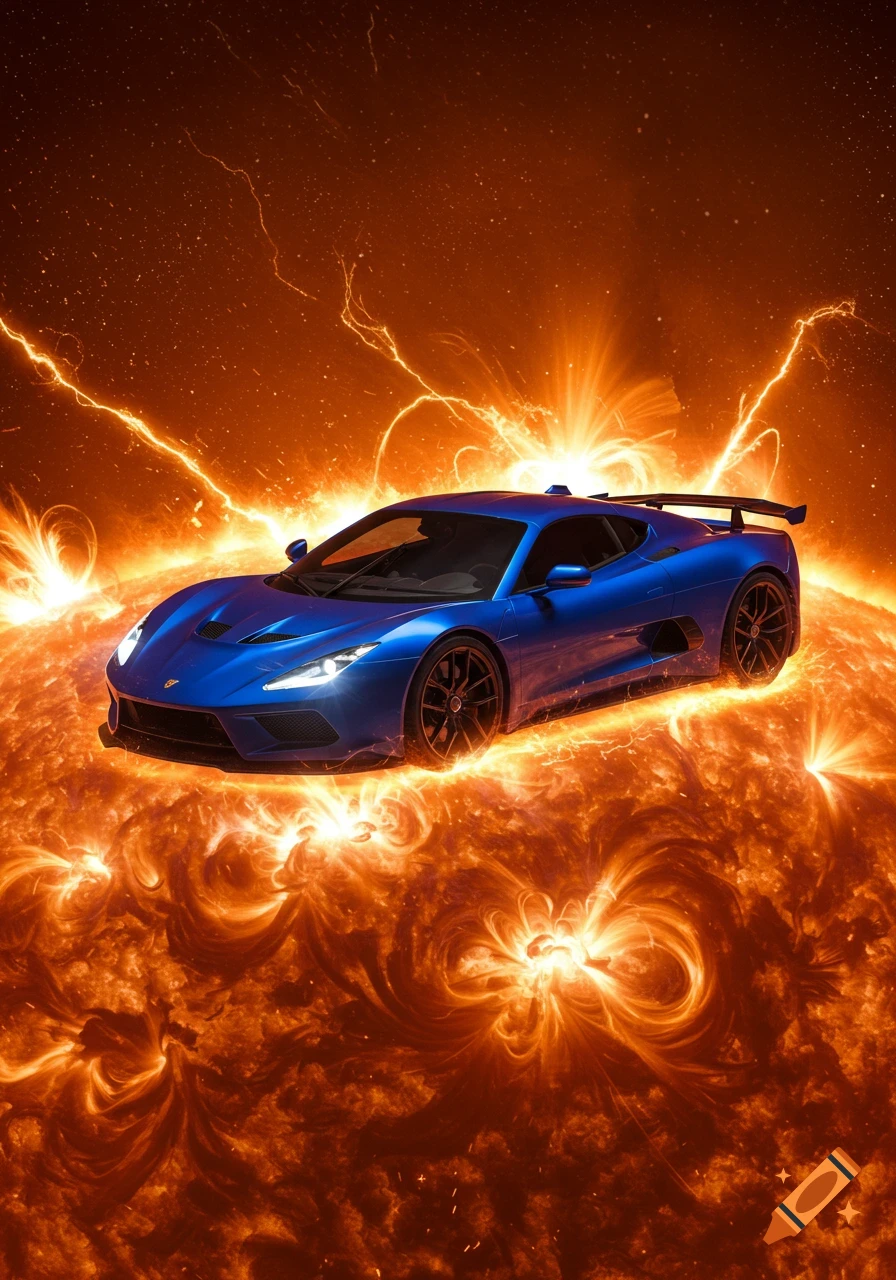 A sleek blue sports car hovers on a brilliant, fiery orange and yellow surface with glowing energy bursts, resembling the sun.