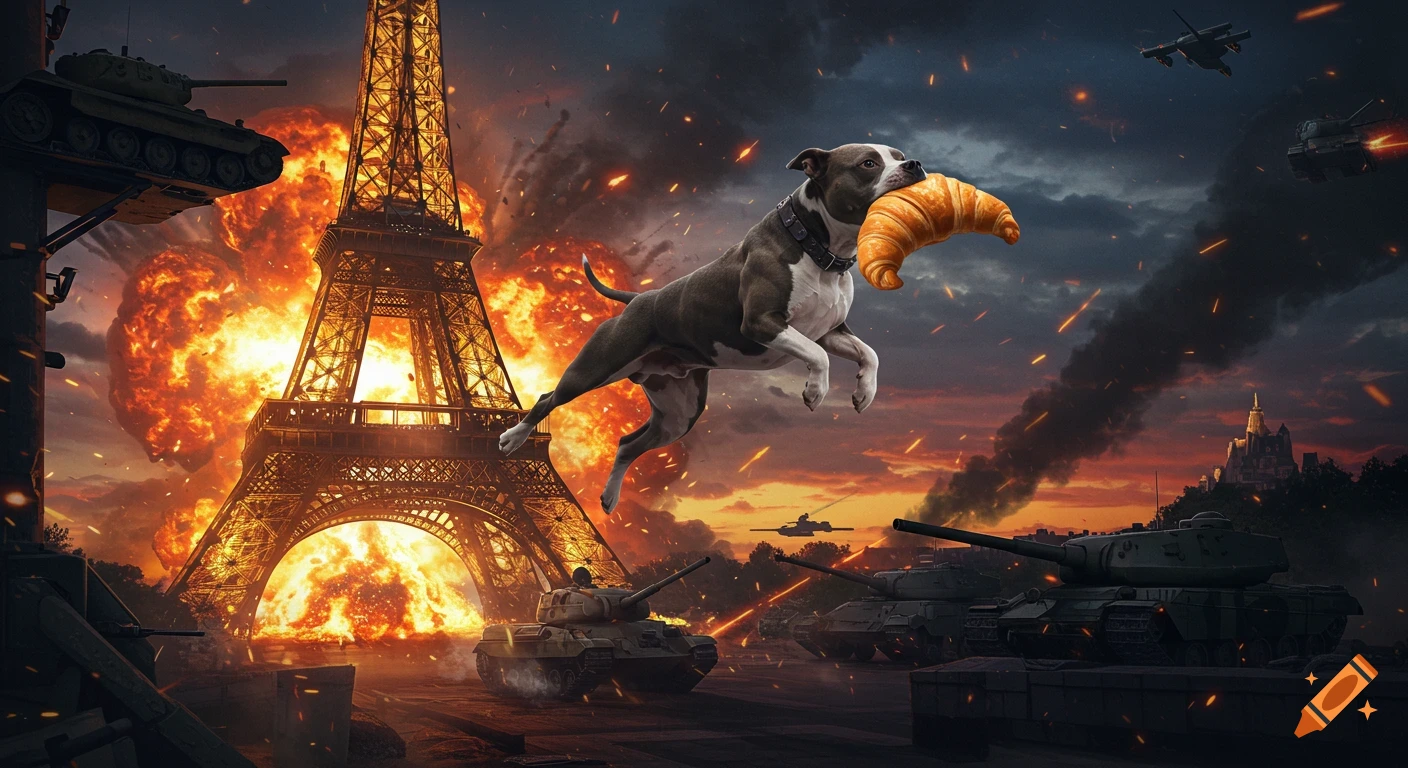 An American Bully dog jumps through the air with a croissant in its mouth, set against a backdrop of an exploding Eiffel Tower, tanks, and fighter jets in an anime style battle scene at dusk.
