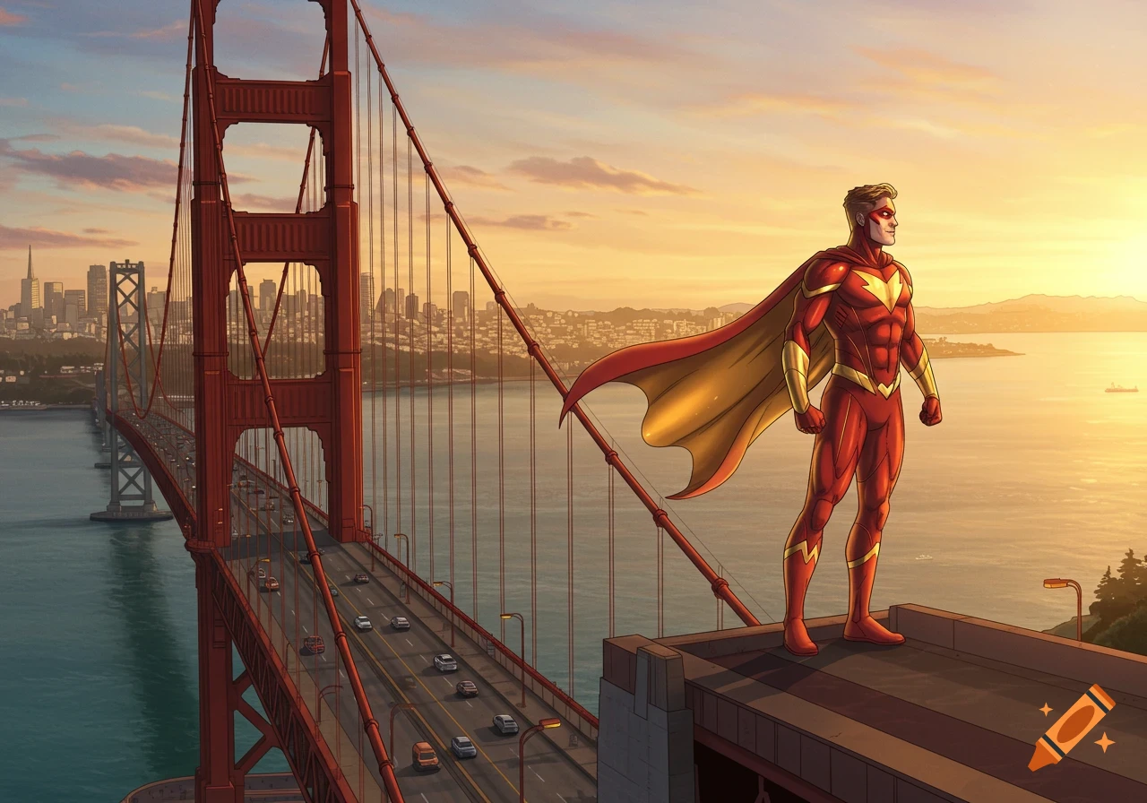 A comic art superhero in a red and gold suit and cape stands on a building next to the Golden Gate Bridge, overlooking a city at sunset.