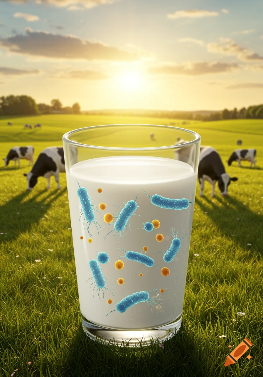 A photorealistic image of a glass of milk filled with blue bacteria and orange particles, set in a sunny green pasture with cows.