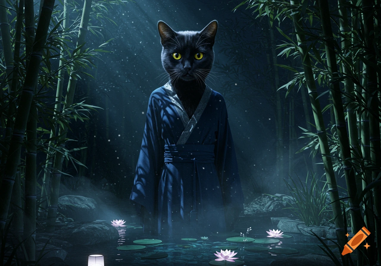 Black cat with yellow eyes in a blue robe stands in moonlit water surrounded by bamboo and water lilies.