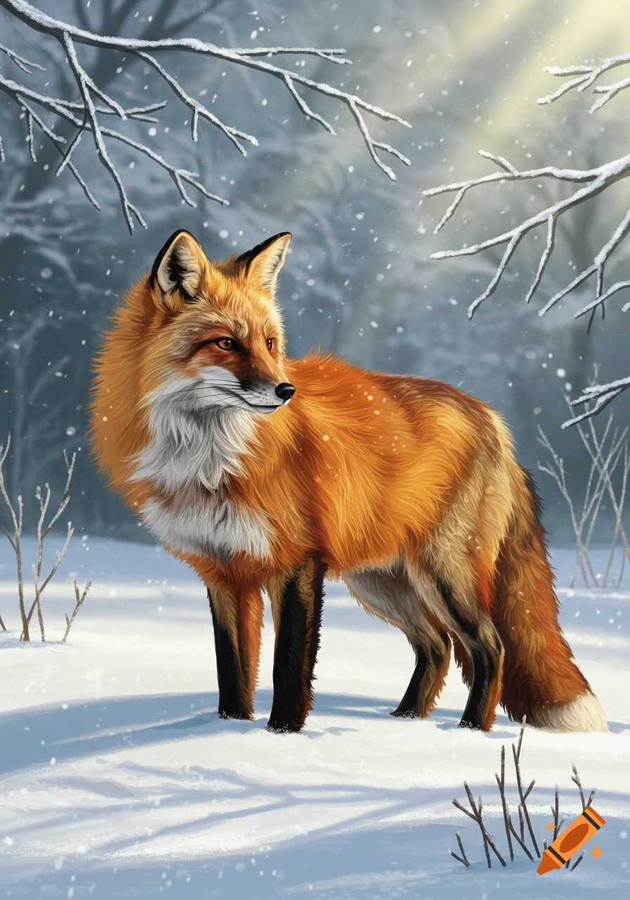 Realistic illustration of a red fox standing in a snowy forest during snowfall, with light rays.