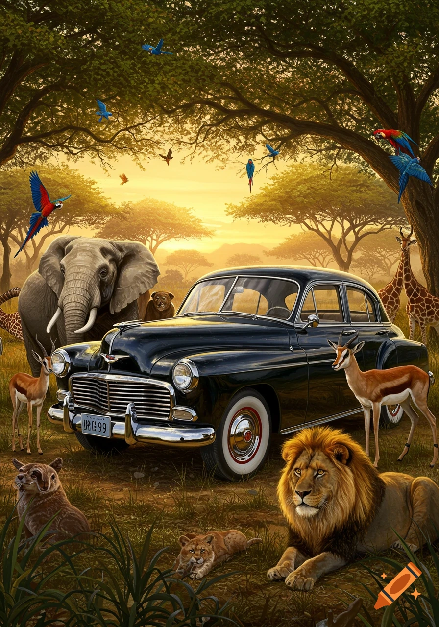 An old black car parked in a vibrant African savanna, surrounded by an elephant, lion, giraffes, impalas, and birds at sunset.