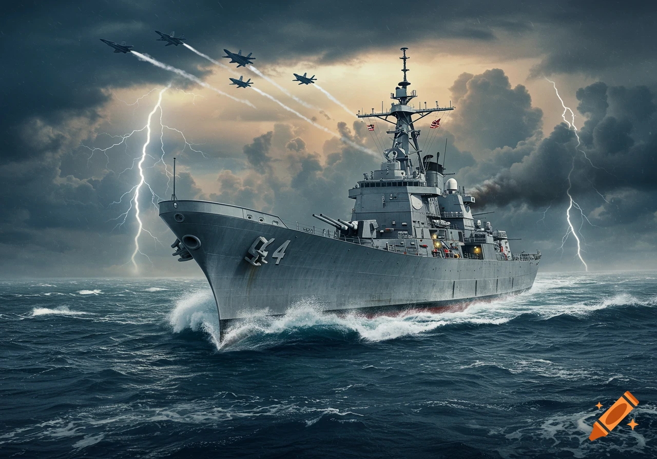 A photorealistic military destroyer battleship sails through a stormy sea with lightning, while fighter jets fly overhead.