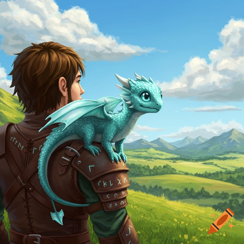 A man in armor with a small aquamarine dragon on his shoulder looks out over a green valley with mountains under a cloudy sky, digital art.