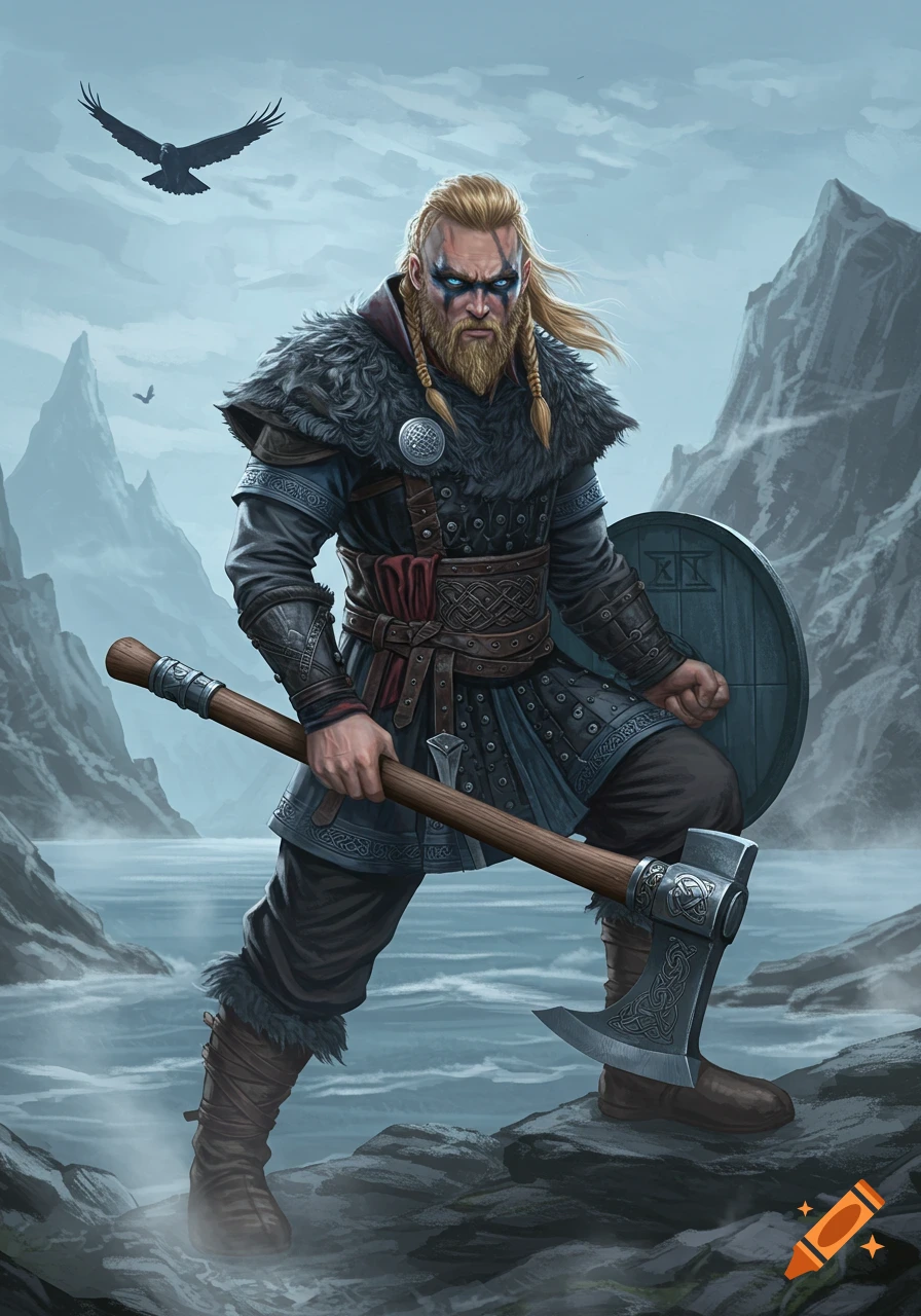A fierce Viking warrior with braided blonde hair and blue war paint, holding an axe and shield in a rocky, mountainous landscape.