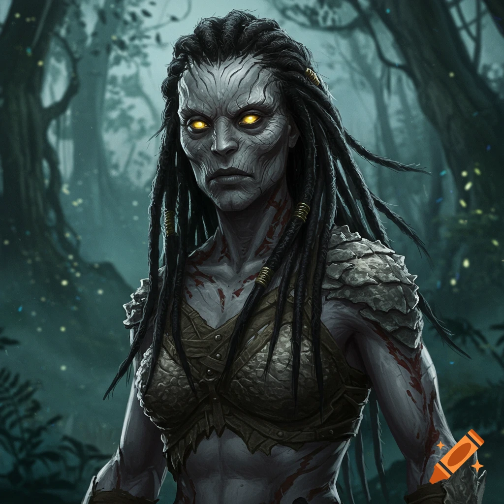 A fierce fantasy huntress with grey, textured skin, glowing yellow eyes, and dreadlocks stands in a dark forest.