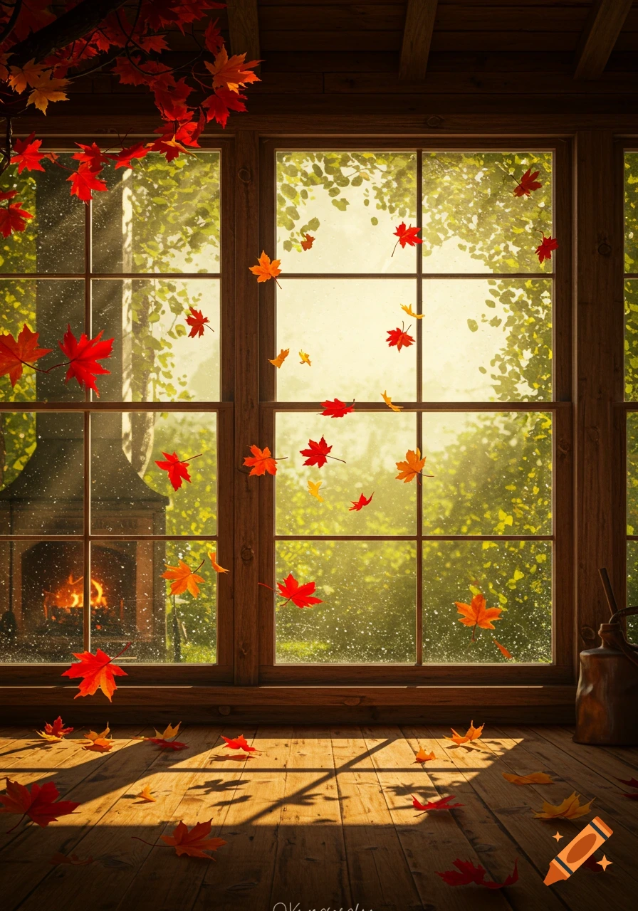 Red and yellow autumn leaves fall past a rustic window with a fireplace and wooden floor, illuminated by sunlight.