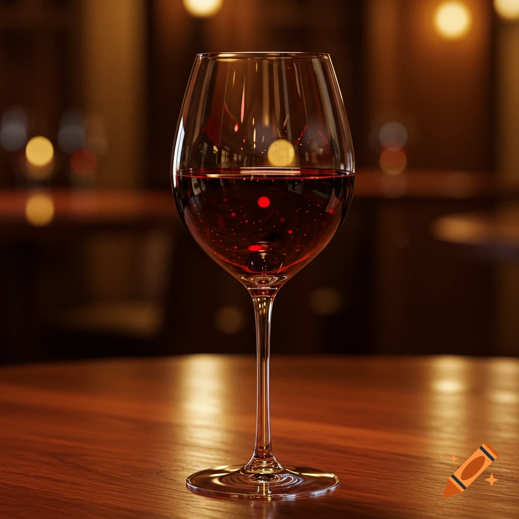 Photorealistic close-up of a glass of red wine on a polished wooden table, with blurred warm lights in the background.