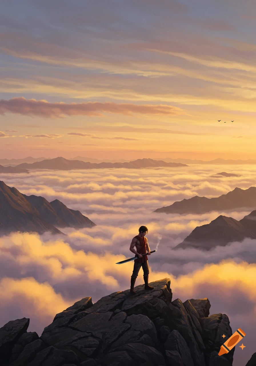 A lone warrior stands atop a mountain peak above clouds at sunrise, holding a sword. Three birds fly in the distant sky.
